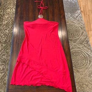 Red halter dress with wooden embellishment